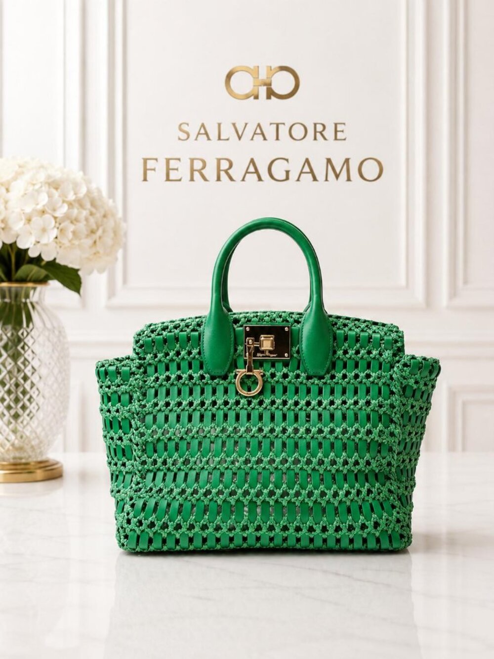 Authentic Salvatore Ferragamo Studio Woven Leather Tote Bag Green Gancini Luxury